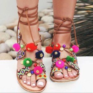 Chinese Laundry Leg-Tie Pom Pom Sandals - New